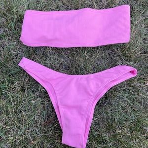 pink strapless bandeau bathing suit